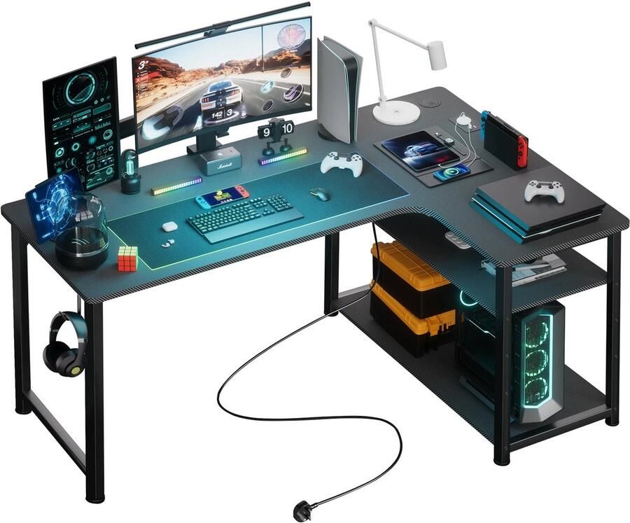 Amolass Bureau Gamebureau Hoekbureau Met Stopcontact USB-Poorten Zwart 120x50x74cm Opbergplankjes Modern