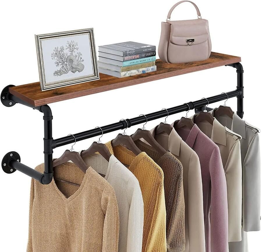 Amolass Kapstok Kledingrek met Plank Pijpkledingrek Opbergrek Rek Zwart Bruin Metaal en Hout Industrieel