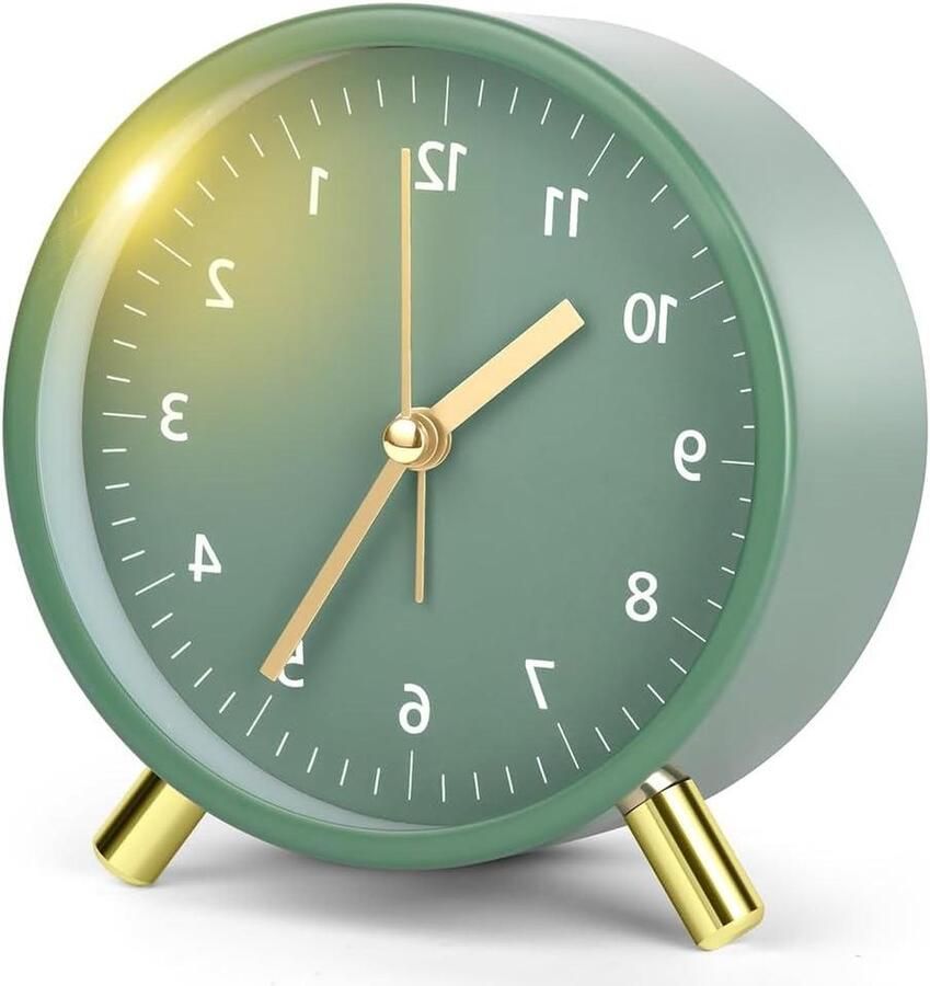 Analoge HOUT Stille niet-tikkende wekker voor diepe slapers Batterij-aangedreven retro ronde wekker voor nachtkastje slaapkamer woonkamerdecoratie modieus groen vegan;