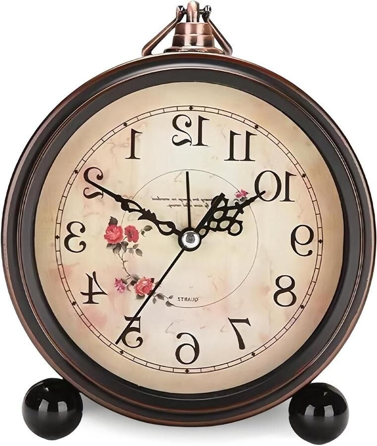 13 cm klassieke retro tafelklok Europees retro wekker metalen retro geruisloos nachtkastje tafelklok zonder tikken voor woonkamer slaapkamer (bloem)