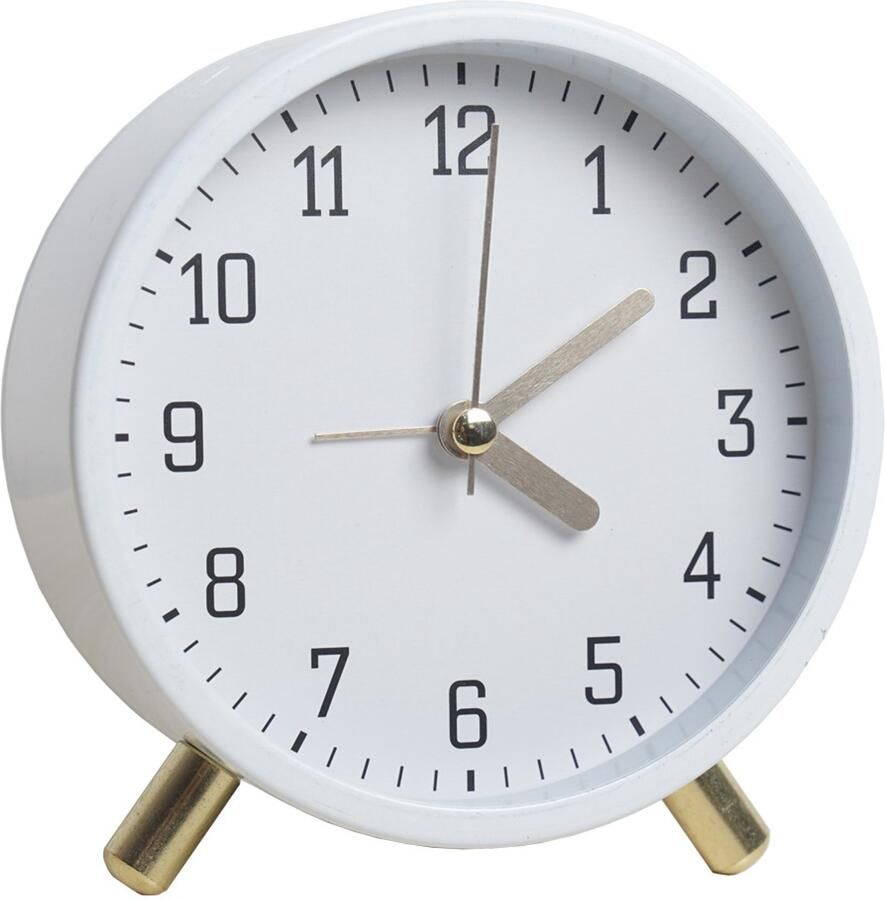 Analoge wekker stille niet-tikkende wekkers met licht op batterijen klassieke eenvoudige ronde wekkers voor op het nachtkastje modieuze metalen wekker voor in de slaapkamer 10 cm (wit)