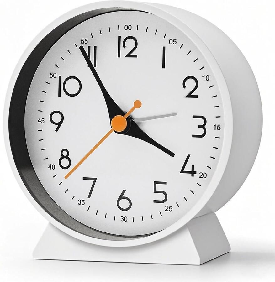 Analoge wekker zonder tikken kleine retro tafelklok voor woonkamerdecoratie slaapkamer nachtkastje volwassenen senioren kinderen reiswekker werkt op batterijen Wit