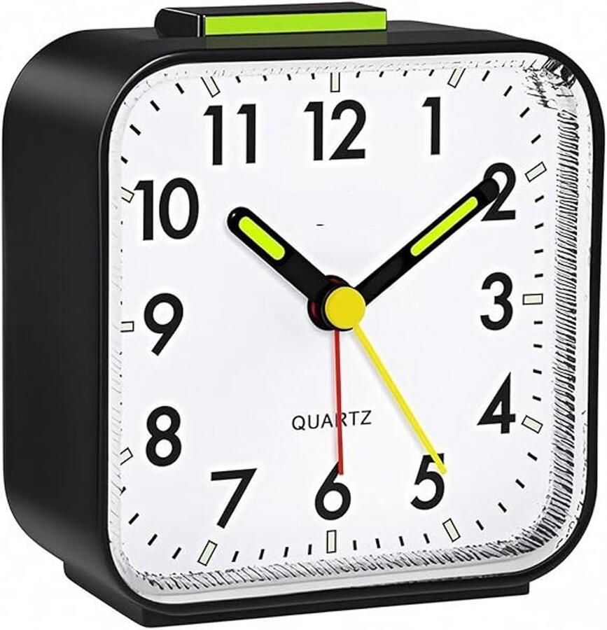 Analoge wekker zonder tikken wekker luid voor diepe slapers sluimerfunctie en nachtlampje werkt op batterijen compact voor nachtkastje bureau stille kleine reiswekker voor kinderen Zwart