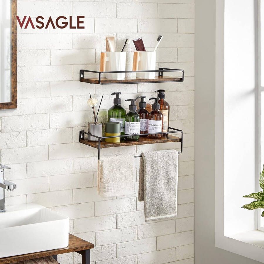 Andplank set van 2 zwevende plank met stang wandplank opbergen aan de muur voor keuken slaapkamer woonkamer vintage bruin-zwart LWS441B01