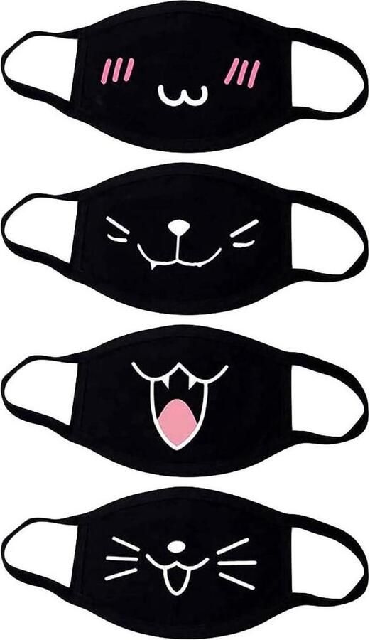 Anime Cartoon Masker Unisex Katoen Anti-stof Mode Kawaii schattige mondbescherming herbruikbaar emotiemasker zwart met motief 4 stuks A Kawaii Mode
