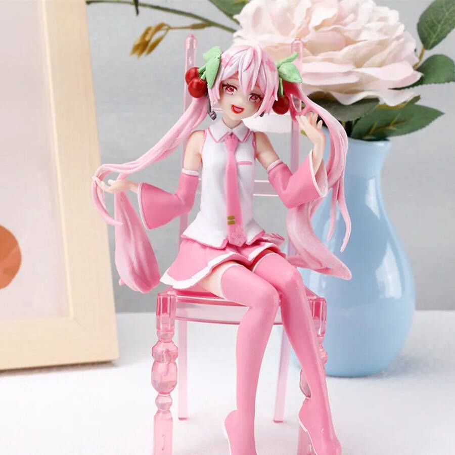 Anime meisje Pop Figure Exclusief Cosplay figuur met stoel Miku Hatsune Mini pop kawaii roze zit zittend