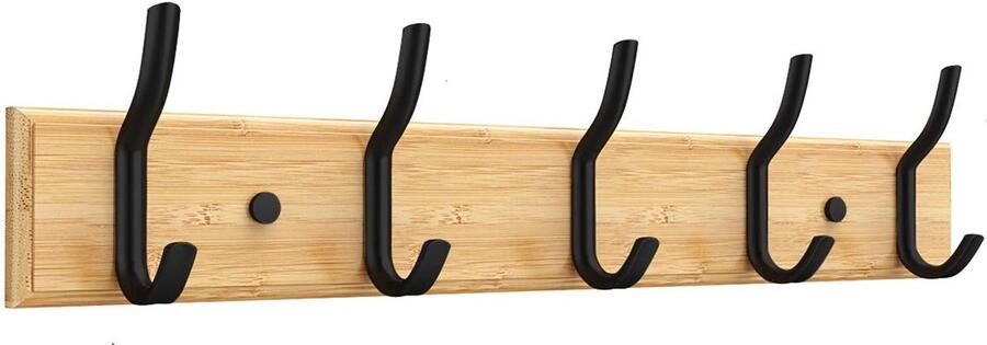 Anjuer kapstok kledinghanger 5 haken hoedenhouder kleding robuust bamboe plank haak zwart
