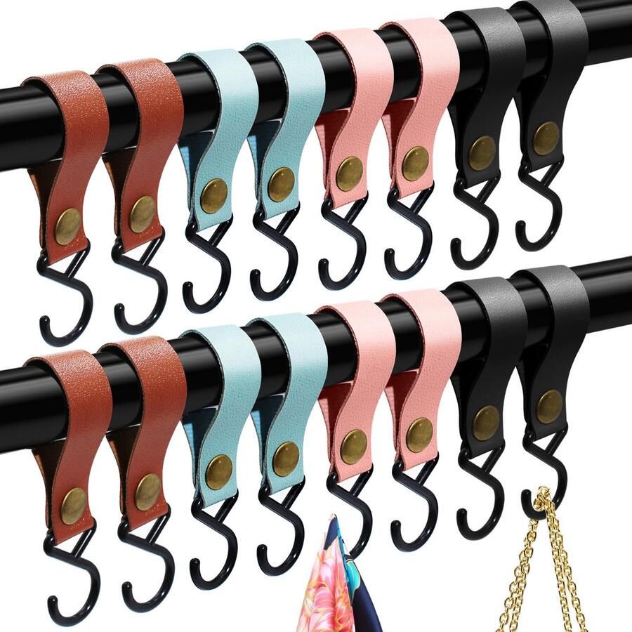 Annickee 16-pack haken voor kledingstang S-haken met leren lus haken voor het ophangen van S-haken aan kledingstang leren haken met matte textuur multifunctionele haken voor garderobe badkamer garderobe keuken