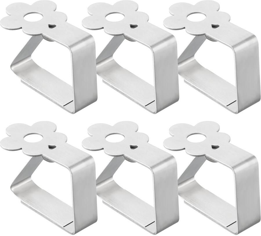 Anseom Set van 6 tafelkleedclips met bloemmotief van roestvrij staal tafelkleedclips voor buiten voor dikke tafels 5 cm zilveren verstelbare tafelkleedclip voor restaurants feesten picknicks