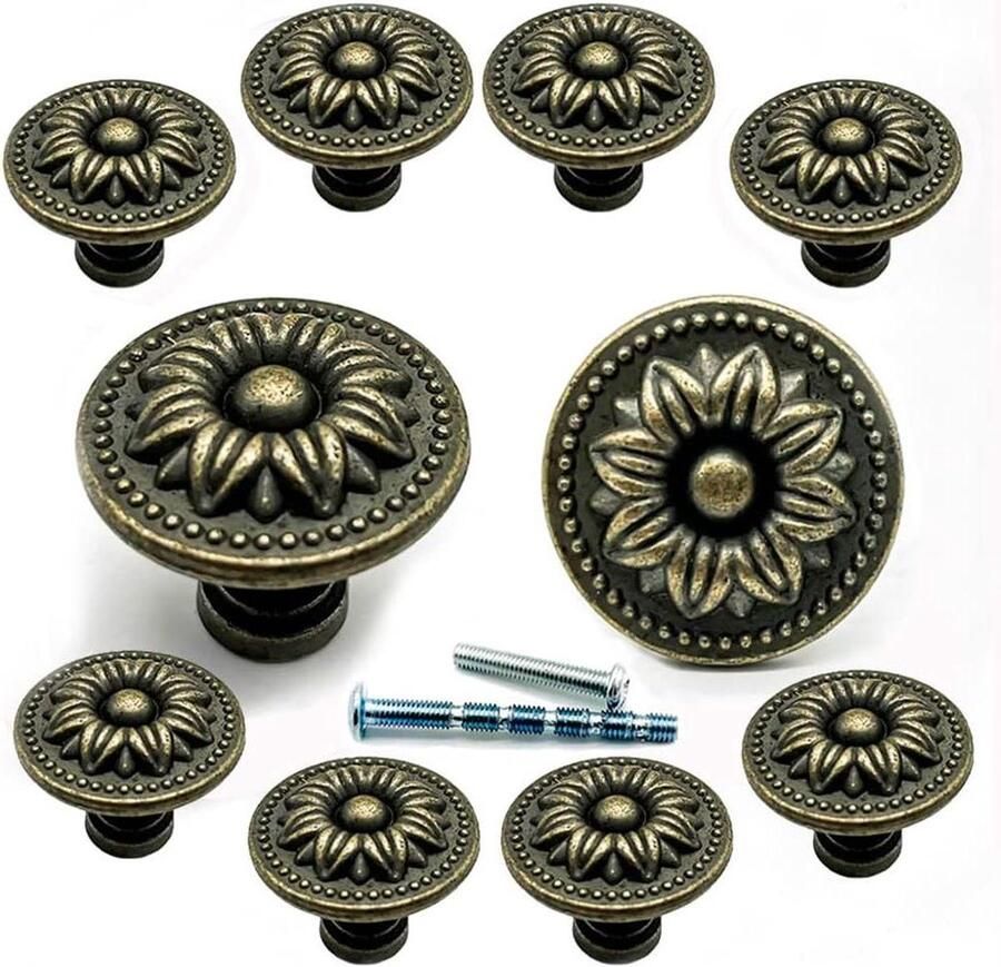 Antiek Brons Roos Ladeknoppen Koper Bloem Meubelknop Retro Vintage Meubeldecoratie Set van 10