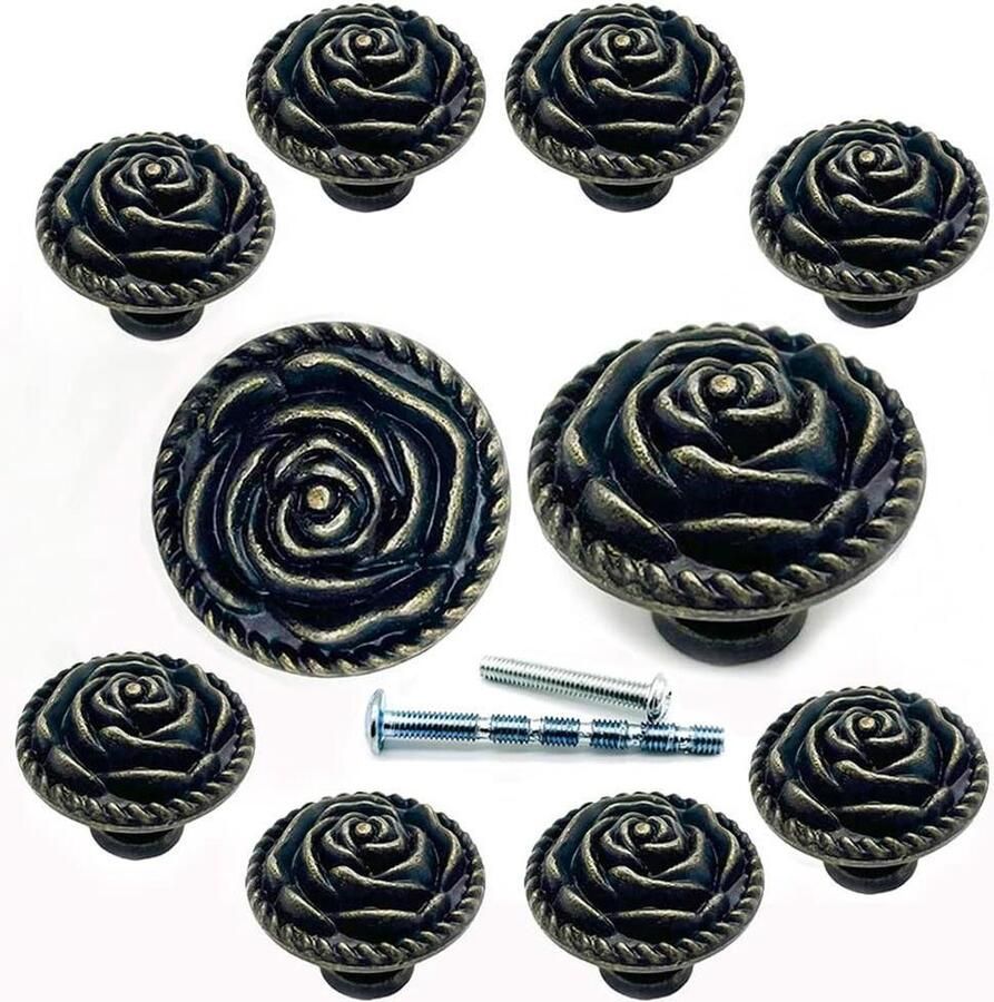 Antiek Brons Rose-Lade-Knoppen Vintage Koper Bloem Dresser Knop Mid-Century Retro Metaal Kast Meubels Decor Trekt Set van 10
