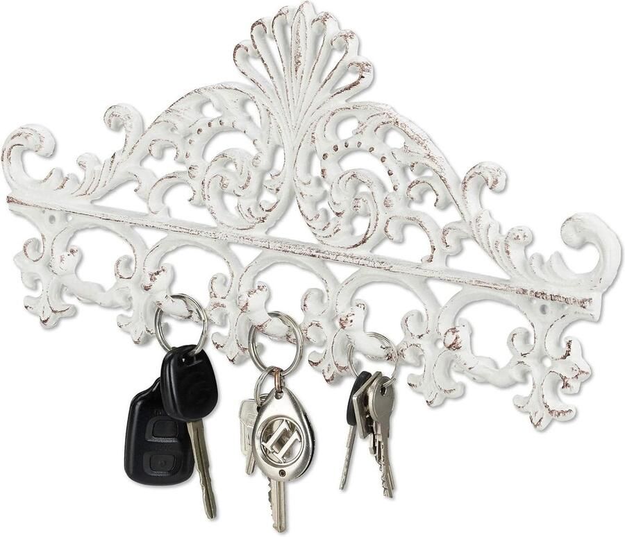 Antieke gietijzeren wandkapstok met 5 haken voor sleutels HBD 17 x 35 x 3.5 cm wit-bruin