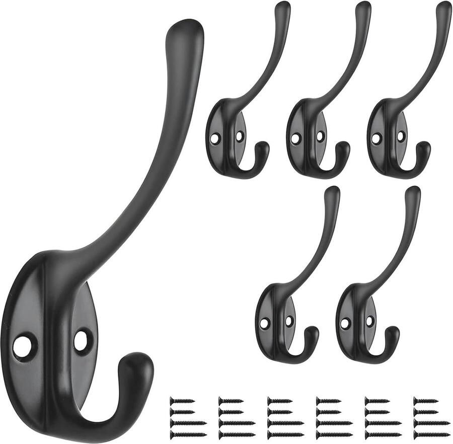 Antieke Muur Kledinghaken 6 Stuks Zware Dubbele Kapstok met Schroeven Mat Zwart