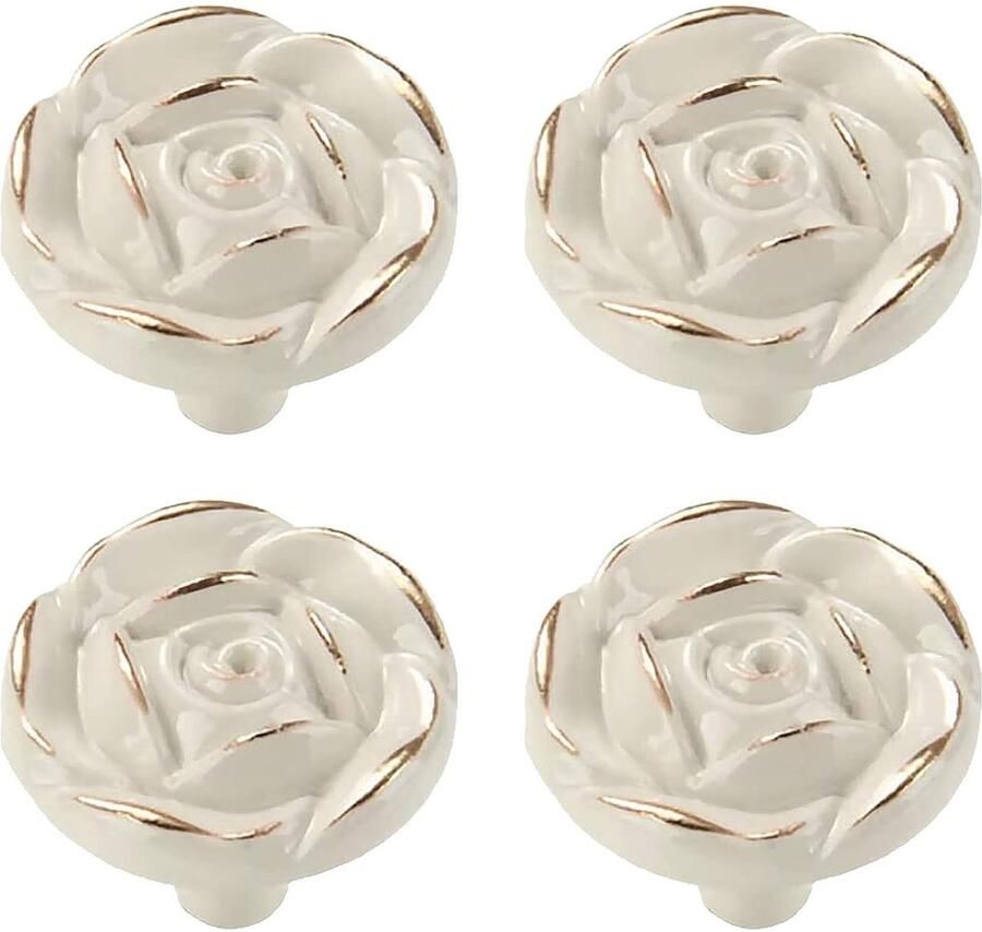 Antieke Rose Bloem Knoppen Vintage Zinklegering 4 Stuks Ivoor Witte Kleur