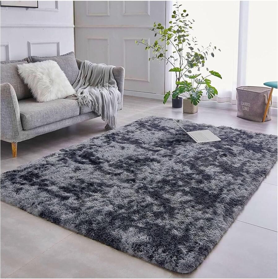 Hoogpolig Wasbaar Vloerkleed 120 x 160 cm Modern Donkergrijs Antislip Tapijt voor Woonkamer en Slaapkamer