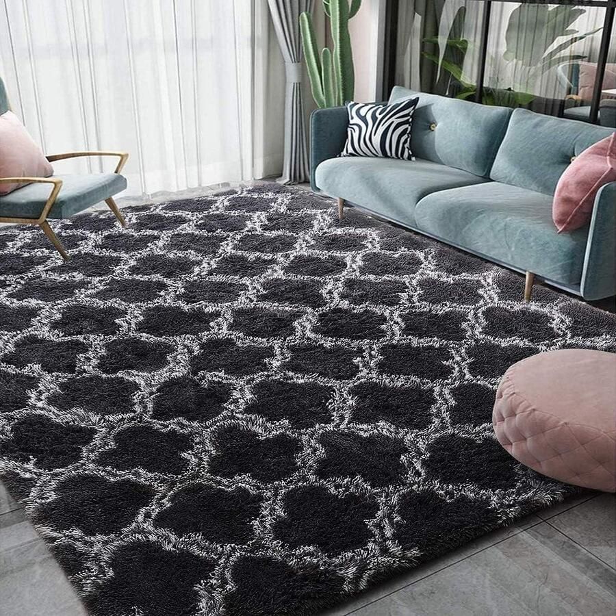 Antislip grijze tapijt onderlaag voor woonkamer en slaapkamer pluizig shaggy vloertapijt (zwart 80 x 200 cm)