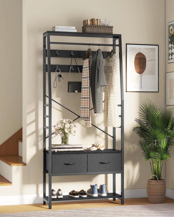 Kapstok met schoenenopslag en bank Industriële halmeubel met 8 haken en opvouwbare laden Stijlvol metalen frame Zwart