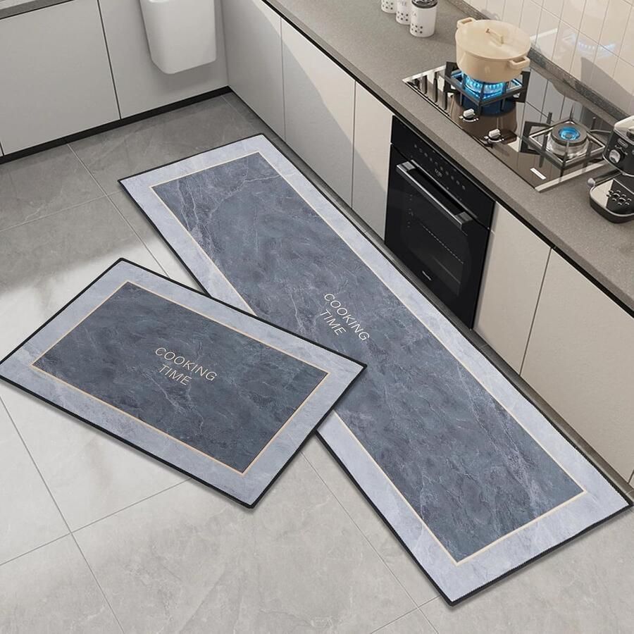 Antislip Keukentapijt Set Vlekbestendig en Waterabsorberend 2 Stuks Grijs 43 x 75 + 43 x 150 cm