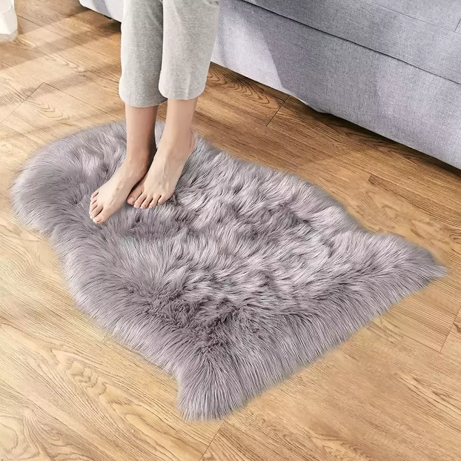 Antislip lamsvel tapijt shaggy lamsvacht tapijt geschikt voor woonkamer tapijten pluizig lang haar vacht look gezellige schapenvacht bed tapijt sofa mat (60 x 90 cm grijs)
