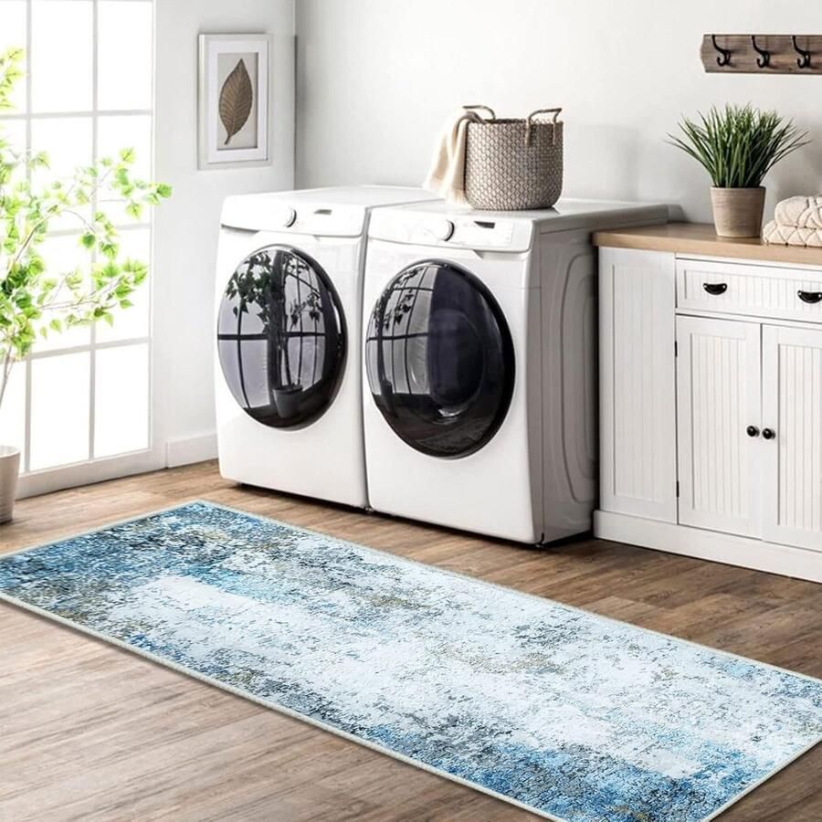 Antislip loper voor hal en keuken pluisvrij en wasbaar 1 stuk crème blauw 80 x 250 cm