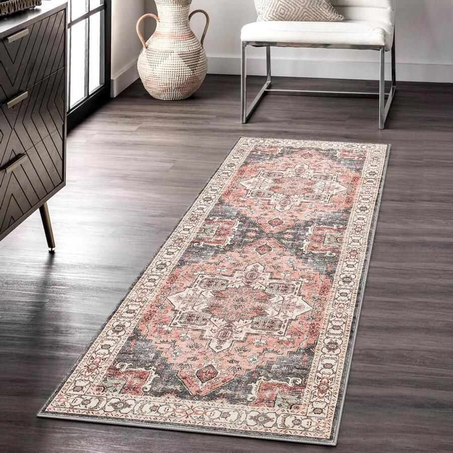 Antislip Loper Vloerkleed Vintage Medaillon 1 stuk Roze Microvezel 60 x 180 cm