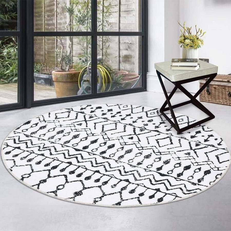 Antislip vloerkleed voor binnen en buiten rond laagpolig machinewasbaar water- en vlekbestendig woonkamer slaapkamer 120 cm grijs crème vloerkleed