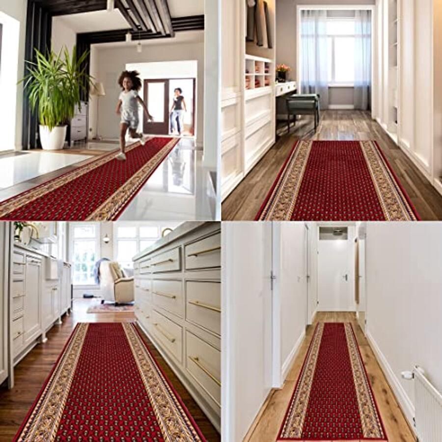 Antislip Runner Carpet Kortpolig Vloerkleed voor Hal en Keuken Klassiek Patroon Loper 80x300cm Rood Kastanjebruin