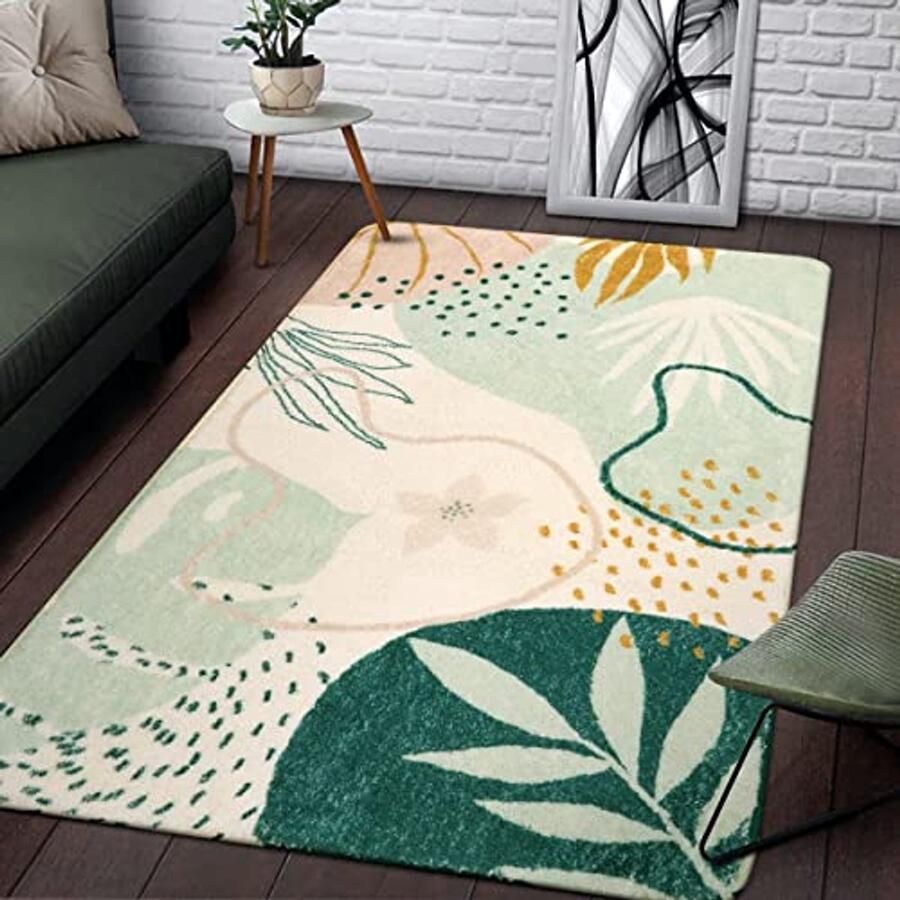 Antislip vloerkleed 90 x 150 cm Groen botanisch tapijt voor woonkamer en slaapkamer