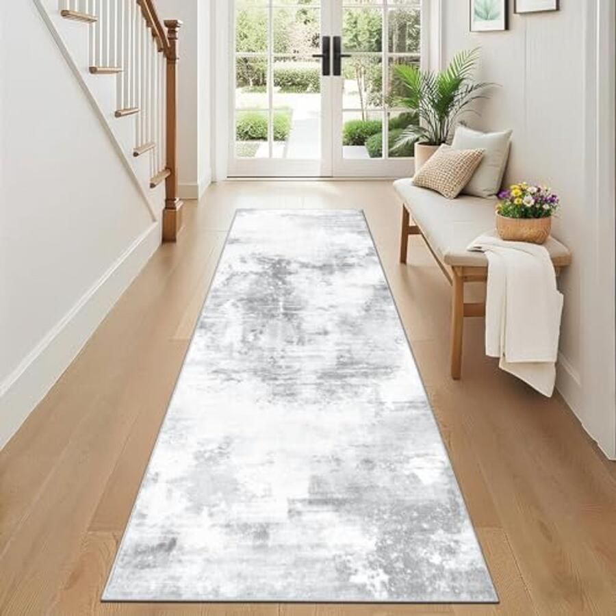 Antislip Vloerkleed Loper 65 x 180 cm Wit en Grijs Abstract Tapijt voor Slaapkamer Entree en Keuken