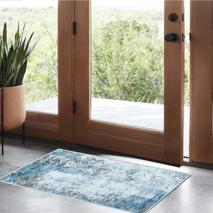 Antislip Vloerkleed Loper Pluisvrij en Wasbaar 1 stuk Crème Blauw 60 x 120 cm