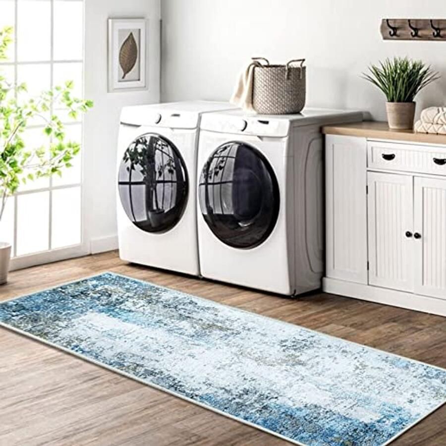 Antislip Vloerkleed Loper voor Hal Keuken en Woonkamer Pluisvrij Wasbaar en Lichtgewicht (Crème Blauw 80 x 250 cm)