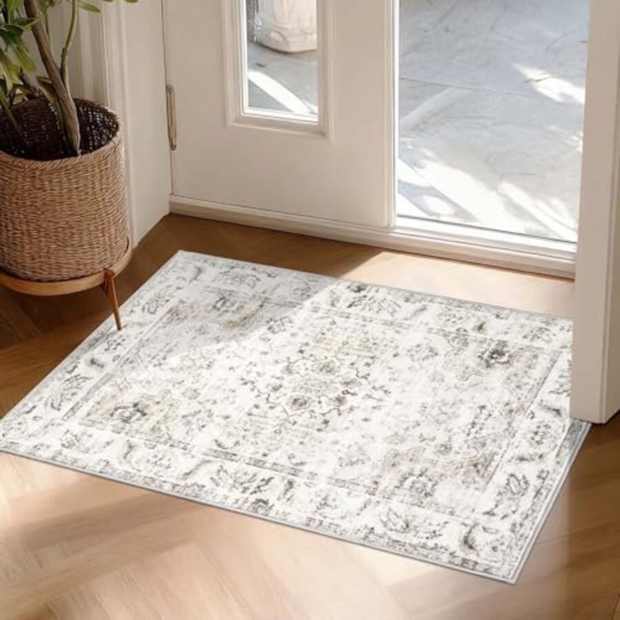 Antislip Wasbaar Tapijt 60 x 90 cm Laagpolig Boho Vloermat voor Slaapkamer Keuken Hal en Kantoor Beige