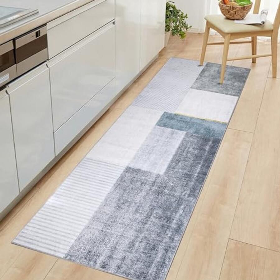 Antislip Wasbare Tapijtloper voor Gang en Keuken Zachte Loper (Grijs Blaauw Goud 60 x 240 cm)