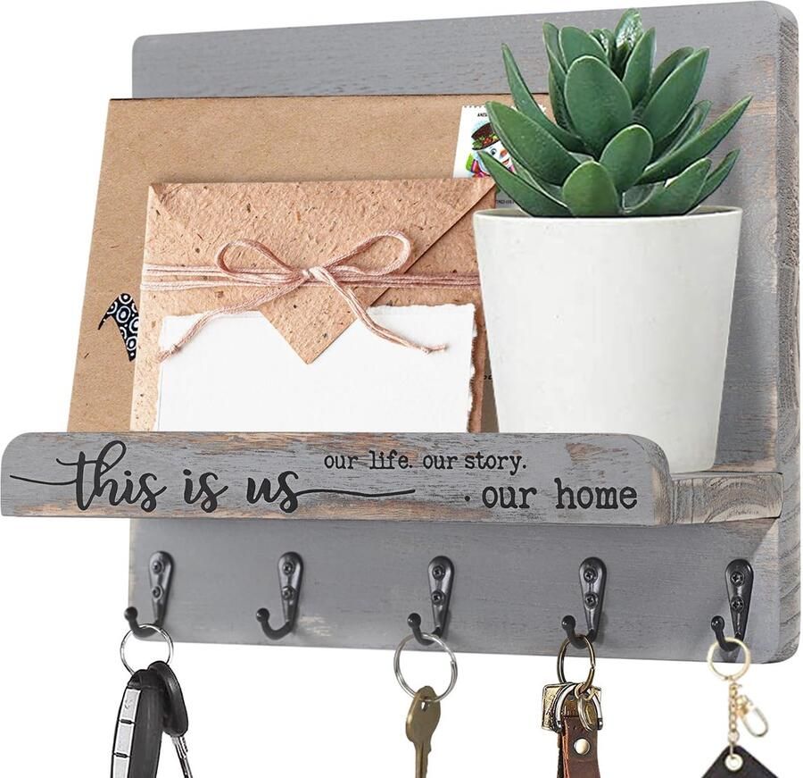 AOAOPQ Sleutelhouder voor in de hal decoratieve wandplank sleutelhanger postopslag kapstok brievenbus rekeninghouder met 5 haken antiekgrijs
