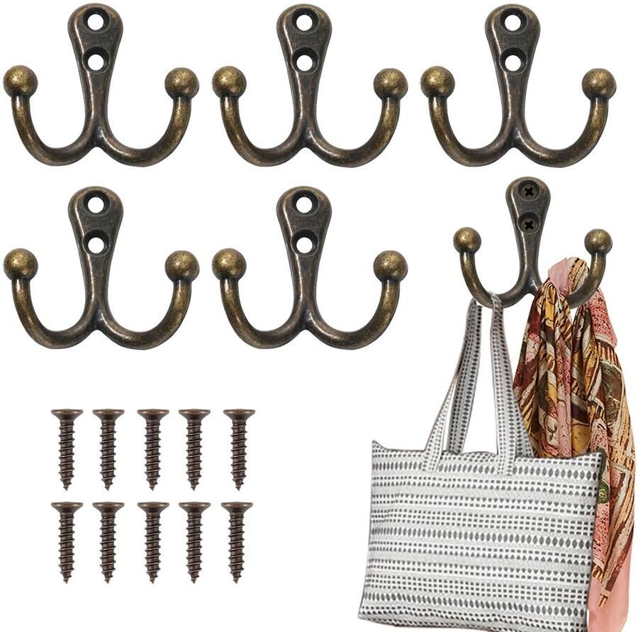 Ibenzoa 5 Vintage Garderobenhaken – Doppelhaken Messing Antik met Schrauben