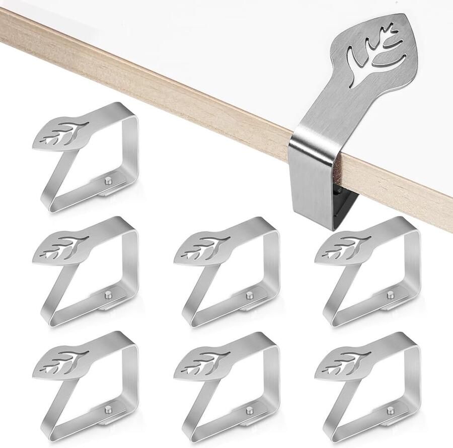 Aongray 8 stuks bladpatroon tafelkleedklemmen roestvrij staal zilveren tafelkleedgewichten tafelkleedklemmen voor buiten voor tafels met een maximale tafeldikte van 3 cm (hoogte 4 cm x 8 stuks)