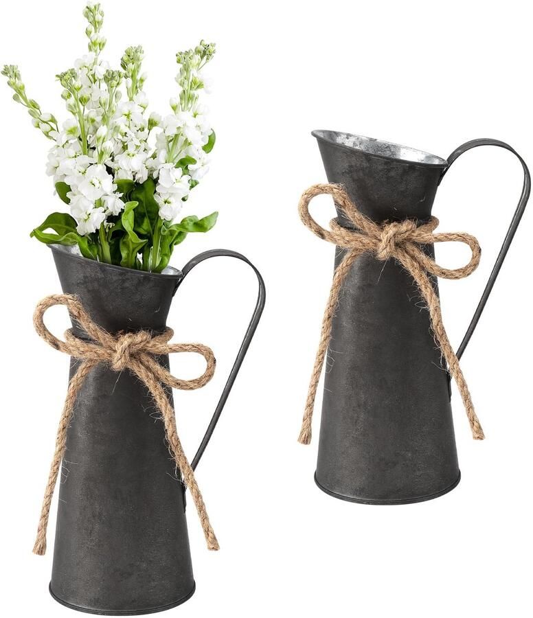 APOMOONS 2-delige bloemenvaas melkkan van metaal decoratie in landelijke stijl rustieke decoratie retro shabby chic vintage ijzeren bloempot voor bruiloftsdecoratie decoratie voor tuintafel decoratie voor woonkamer balkon of keuken