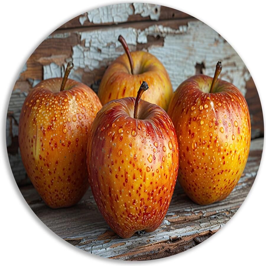 Appels schilderij Fruit schilderij rond Muurdecoratie rond Houten tafel Muurdecoratie kinderkamer Schilderij aluminium Woondecoratie muurcirkel aluminium 40x40 cm