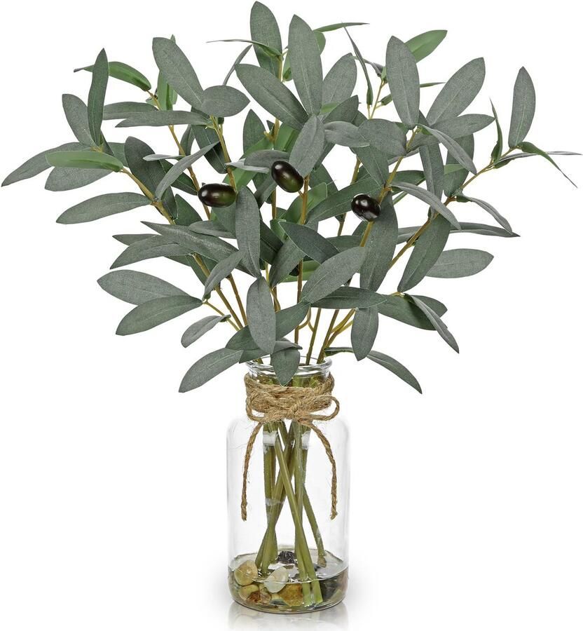 Arborus Kunstmatige Olijven 40 cm Plant Kunstmatig als Echt Kunstplant in Glazen Vaas Kunstmatige Olijven Decoratieve Planten voor Tafel Plank Vensterbank Balkon Decoratie in de Woonkamer Slaapkamer Badkamer Eetkamer
