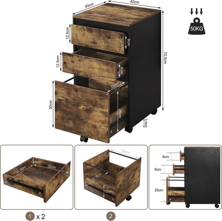Jake Boss Life Tools Archiefkast Kantoorkast Dossierkast 3 Lades Met Wielen Donkerbruin 40 x 70 x 40
