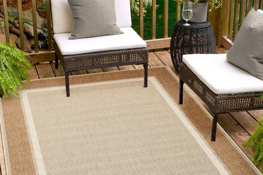 Arizona binnen- en buitentapijt weerbestendig balkontapijt waterdicht ook te gebruiken als woonkamertapijt of keukentapijt beige met rand 133 x 190 cm