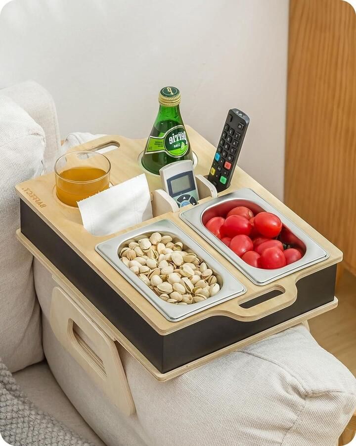 Arm Table Clip-on Sofa Armrest Tray with Drink Holders and 2 Stainless Steel Bowls Wooden Snack Caddy for Couches Wood & Black Combo