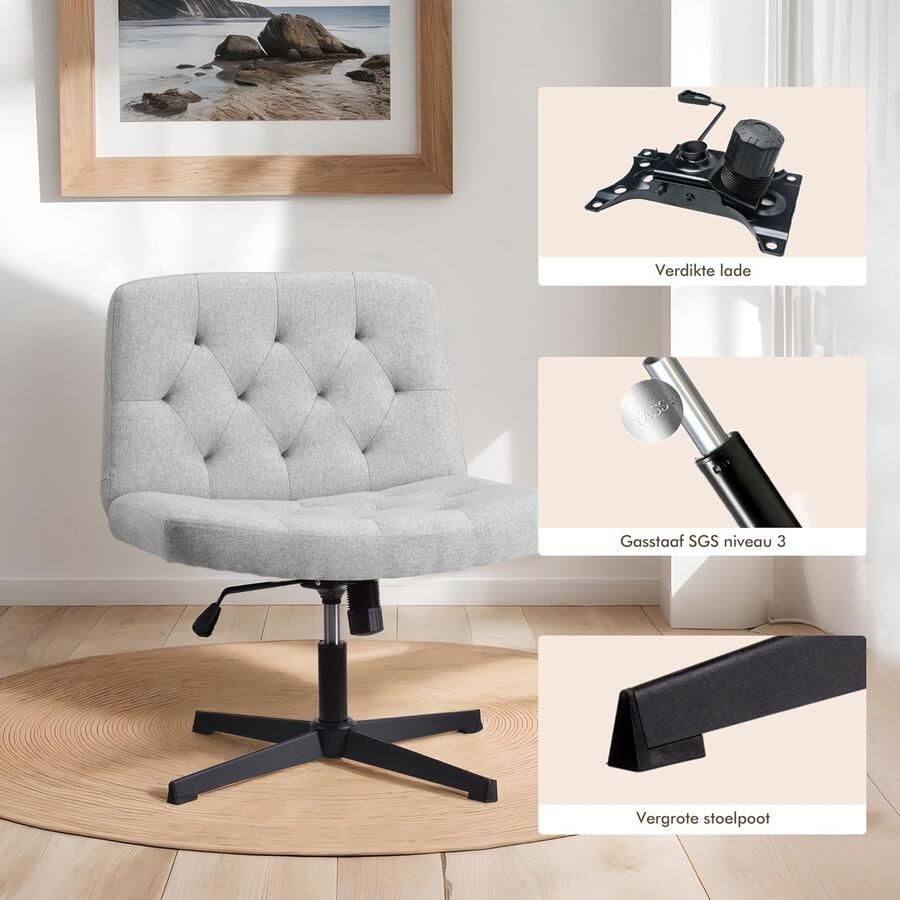 Armless Mid-Back bureaustoel thuis bureaustoel zonder benen extra breed Cross Leg Yoga stoel in hoogte verstelbare kaptafel stoel stoffen draaistoel (Grijs)