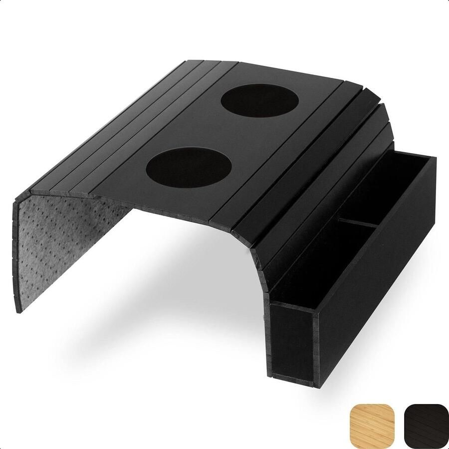 Flexibel bamboe armleuning dienblad met opbergvak en antislip drankhouder en bakje voor bank en stoel houten banktafel en organizer voor bankleuning zetel en sofa zwart