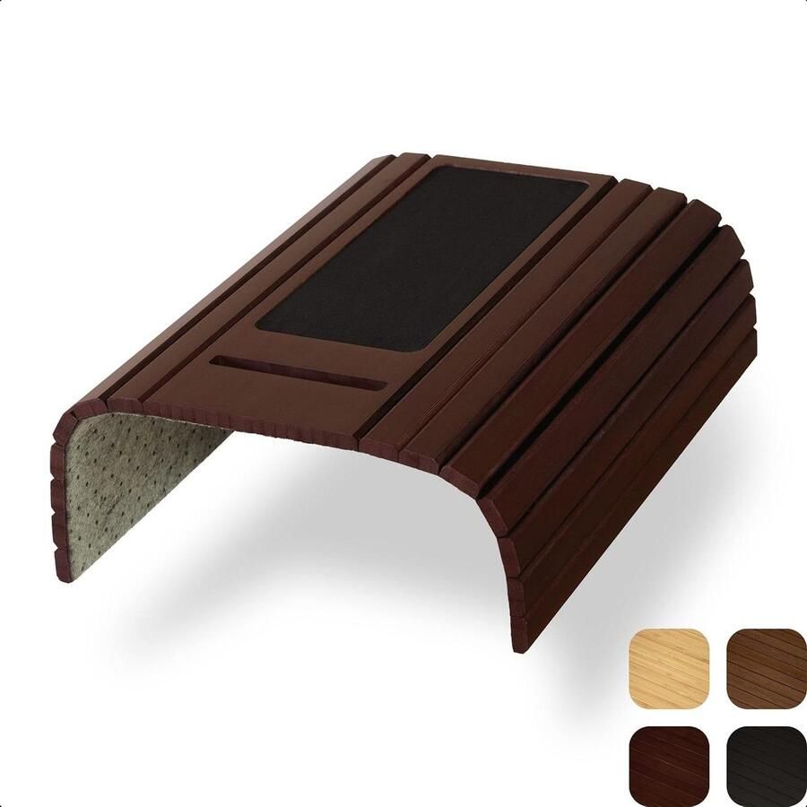 Armleuning Dienblad Flexibel Bamboe met Telefoonhouder Drank Houder en Muismat Houten Banktafel Organizer voor Bankleuning Zetel en Sofa antislip (Kersenbruin)