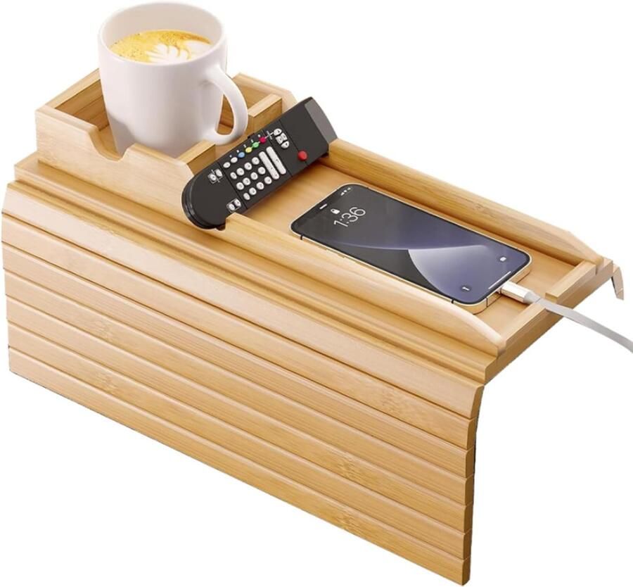 Armleuning Dienblad voor Bank Armleuning Organizer Bank Dienblad Flexibel Bamboe Hout Anti-slip Telefoonhouder met Anti-slip Kurkpad 3-in-1 Afneembare Bamboe Bankbekerhouder voor Telefoon Kopjes Dranken en Snacks