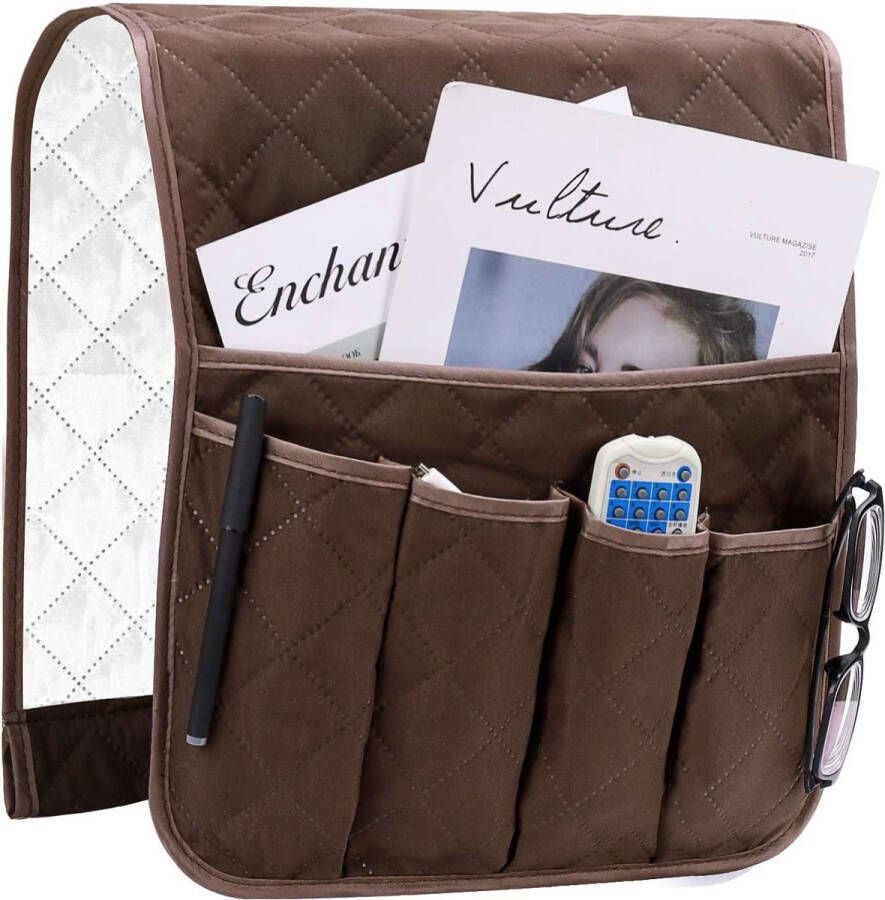 Armleuningorganizer ruimtebesparend voor bank of stoel bed opbergtas tv-afstandsbediening houder voor mobiele telefoon boek tijdschriften potlood bruin