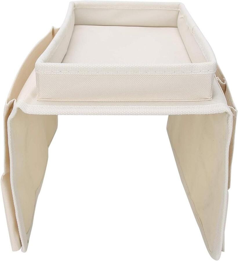 Armsteun Organizer voor Sofa met 4 Zakken en Bekerhouder Tv Afstandsbediening Houder Fauteuil Bank Tas met Lade voor Smartphones Boeken en Magazines (Beige)