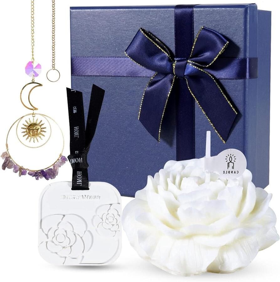 Aromatherapie Gift Set Geurkaarsen en Wax Tablet met Amethist Kristal Witte Pioenroos en Camellia Vorm Garderobe Opknoping Perfecte Verjaardagscadeau voor Vrouwen