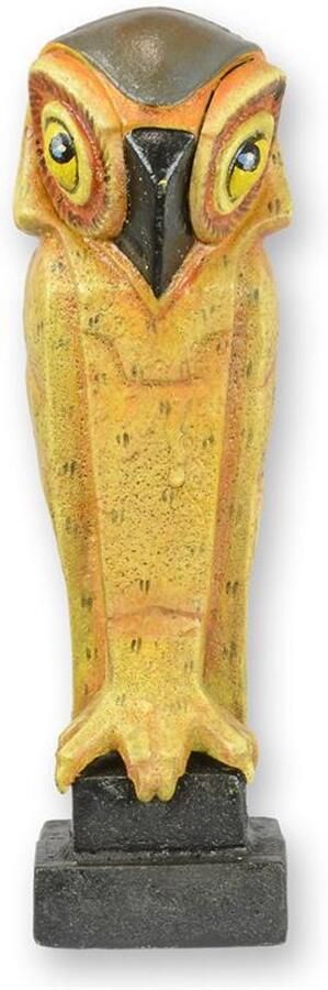 Art deco uil beeldje gietijzer – geel gekleurd decoratief figuur – vintage stijl uilenbeeld voor woninginrichting bureau of cadeau – robuust gietijzeren ornament
